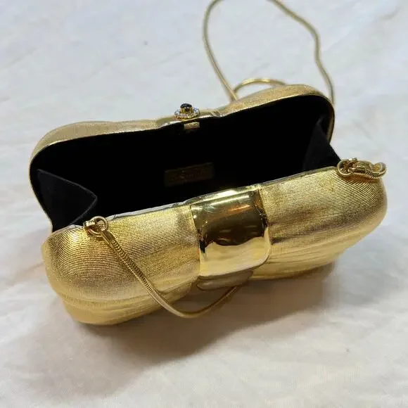 Vintage Saks Fifth Avenue Italy Bow Clamshell Gold Clutch Evening Bag - Picture 9 of 11